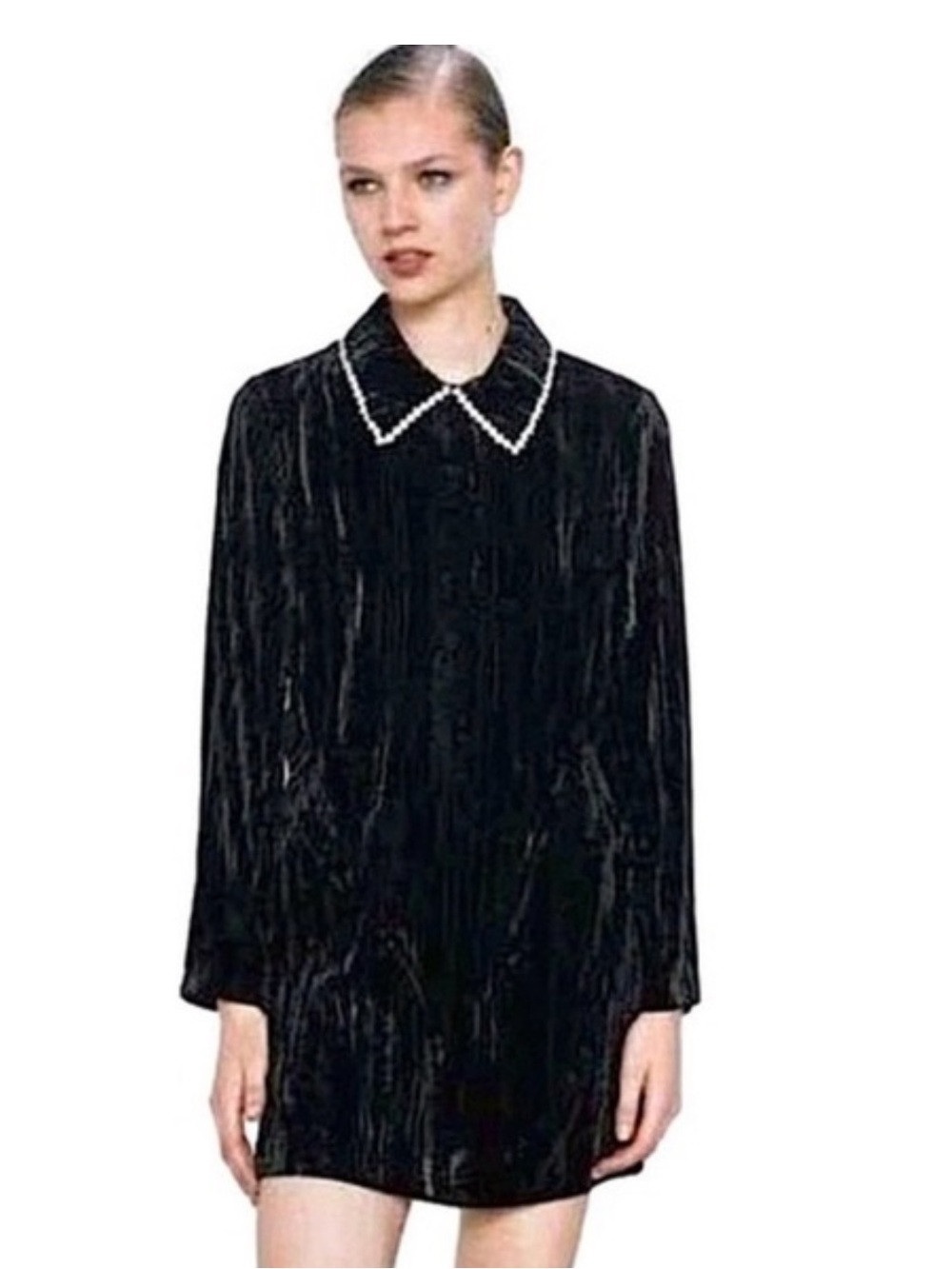 Zara Black Velvet Mini Dress with Pearl Collar